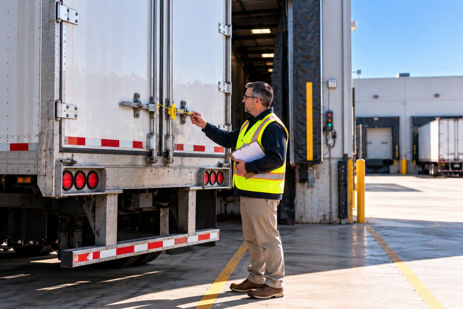 Shipper's dock manager checking a tractor-trailer's placard and door seal on a bright loading dock, clipboard in hand