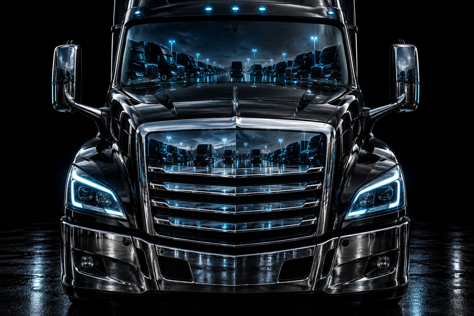 Close-up of a black tractor's chrome grille, headlights and windshield reflecting an entire yard of trucks under cyan light