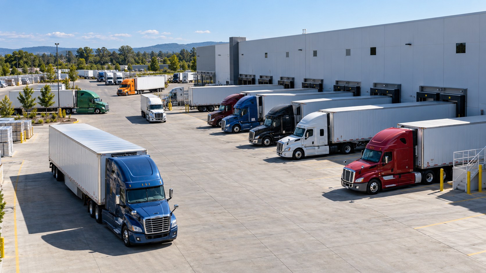 Wide view of a bright distribution center yard with a dozen mixed-carrier tractors and trailers at the docks, blue sky