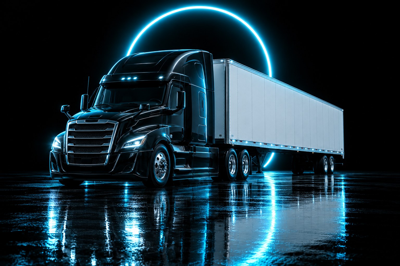 X3 CarrierCheck: a black tractor under a ring of cyan light on a wet black floor