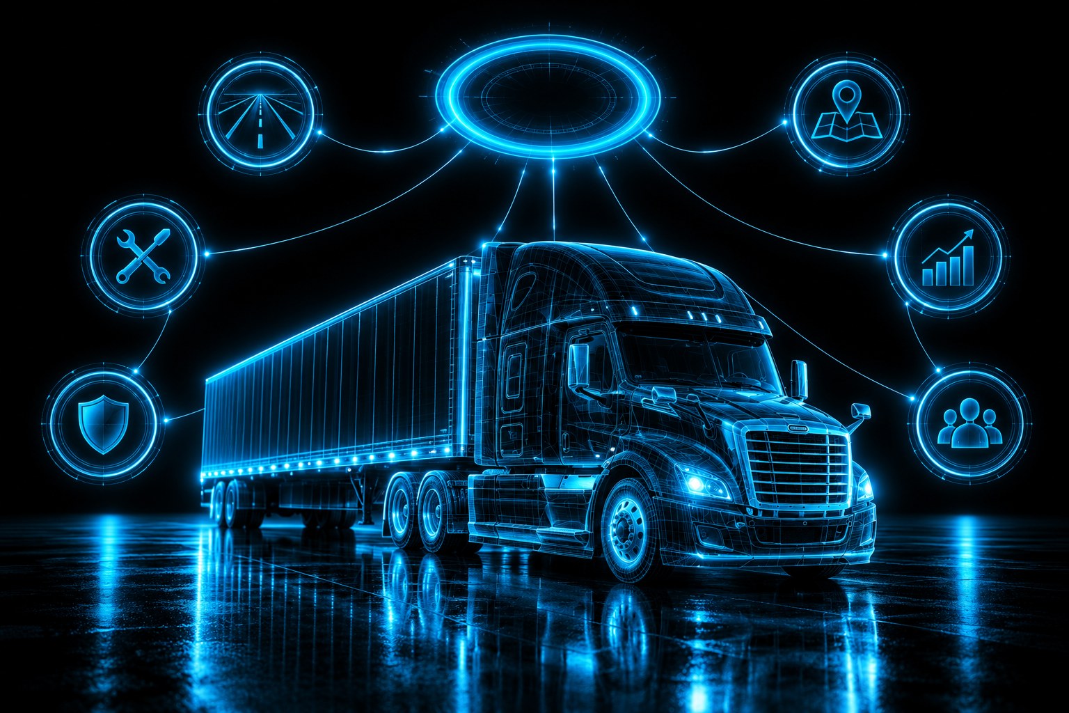 X3 carrier intelligence: a black tractor-trailer drawn in cyan wireframe on black with six small cyan rings orbiting it, all feeding one large ring above the cab