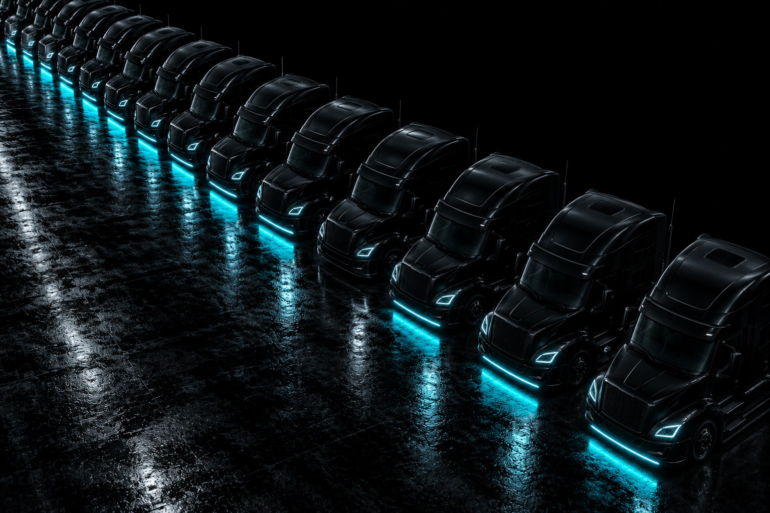 A long row of black tractors parked nose-out on a wet black floor, each with a bright cyan light bar glowing beneath its bumper