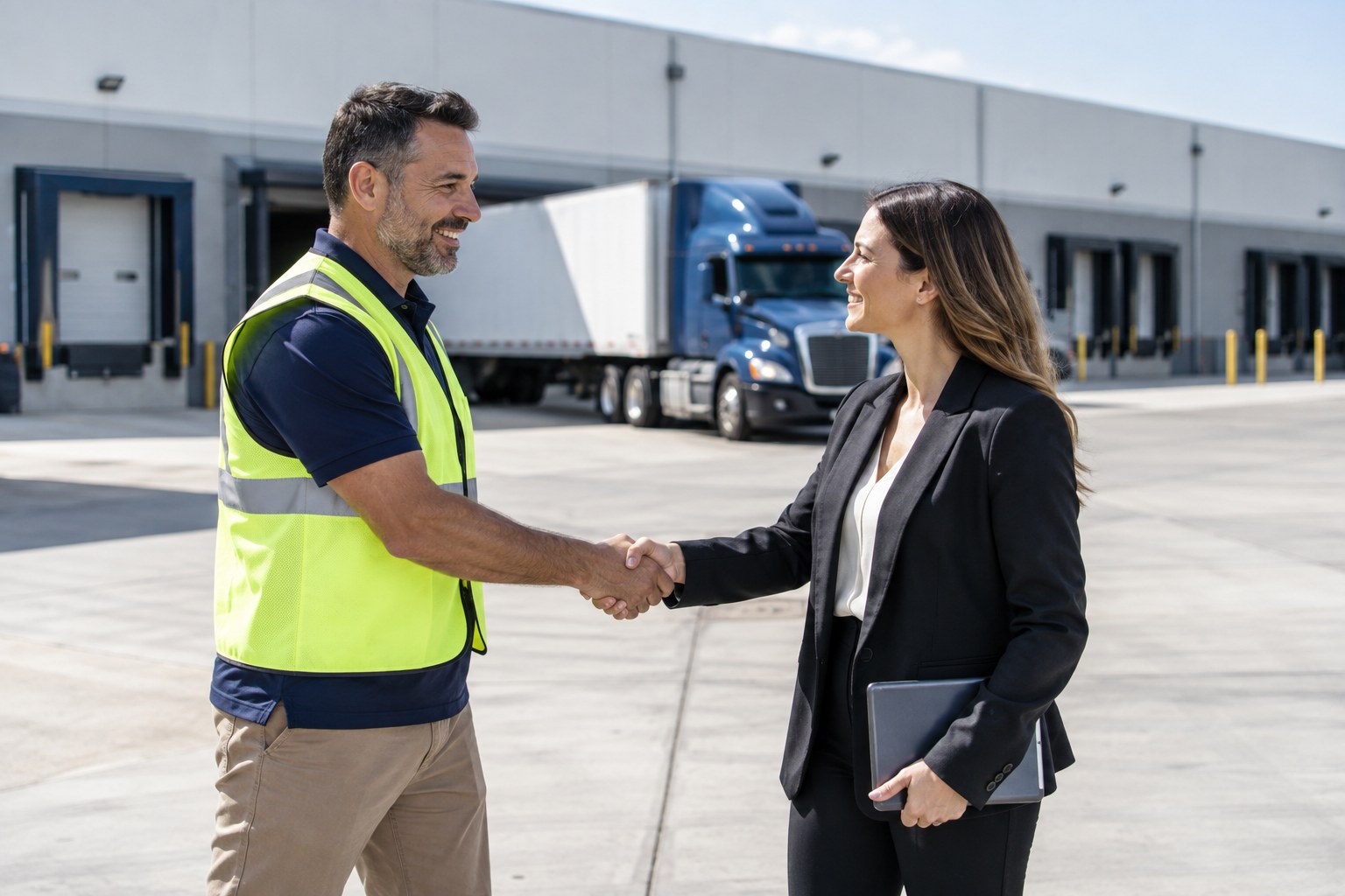Shipper and broker shaking hands on a bright loading dock as a tractor-trailer pulls out behind them