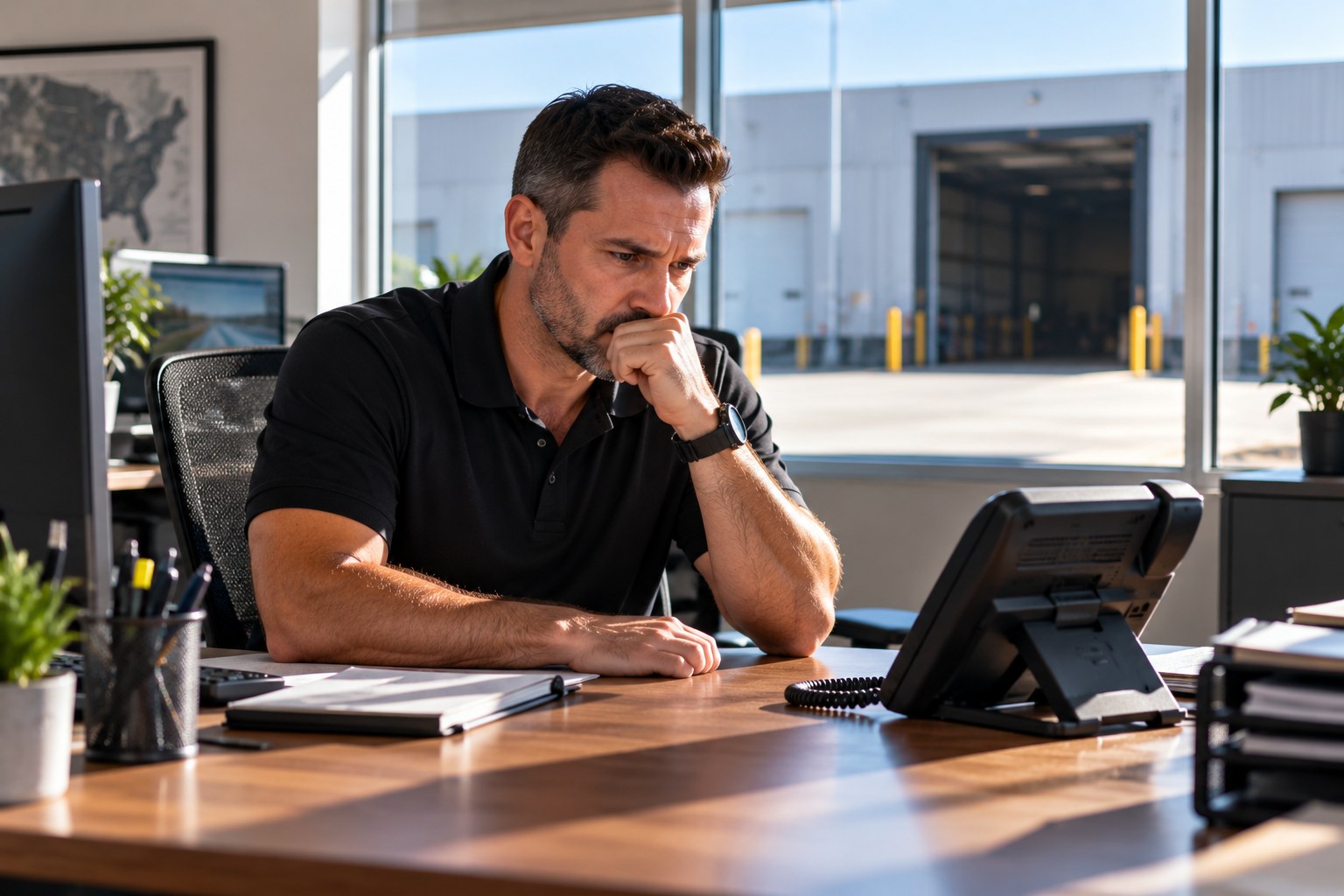 Broker at a sunlit desk staring at a phone that has stopped ringing, an empty dock door visible through the window