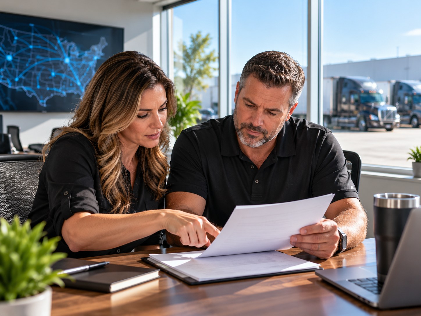 Two-person risk team at a bright office table reviewing a printed carrier report together, trucks visible through the window